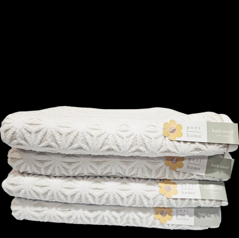 Peri Home 4pc Floral Embossed Cotton Bath Towels  Ivory Beige New